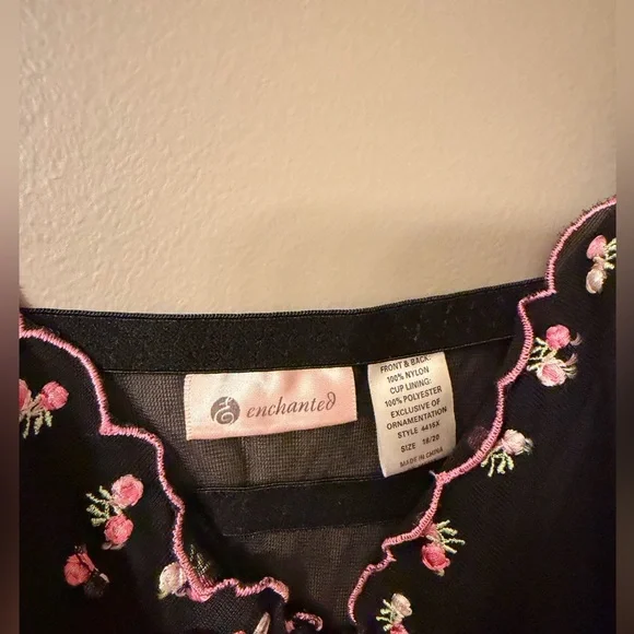 VTG Enchanted Black Floral Embroidered Babydoll Chemise 18/20 Coquette Plus - Picture 4 of 7